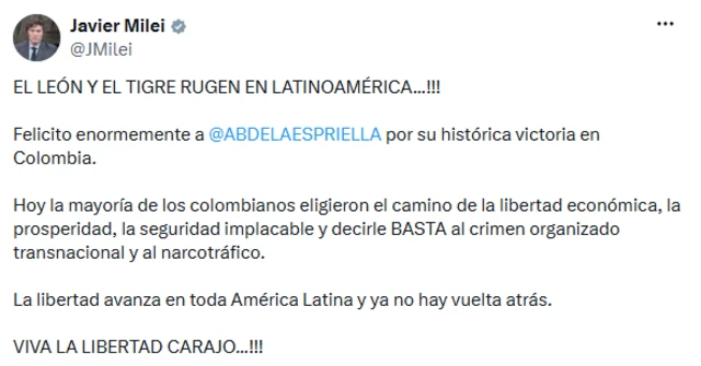 Mensaje de Javier Milei en X