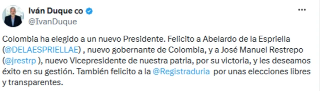 Mensaje de Iván Duque en X