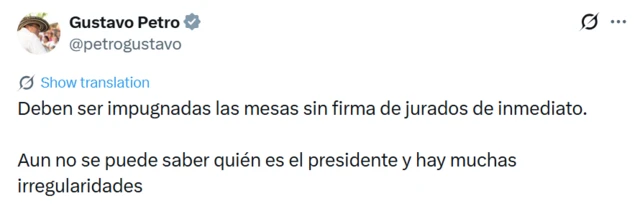 Captura de pantalla de una publicación de Gustavo Petro en X