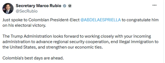 Mensaje de Marco Rubio en X