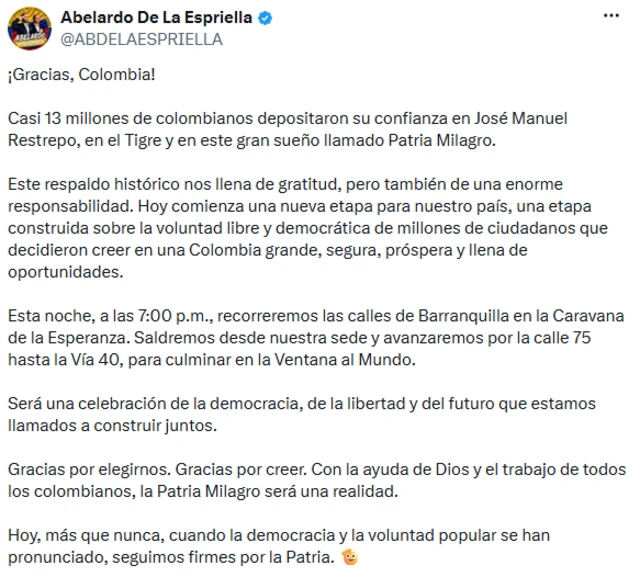 Mensaje de Abelardo de la Espriella en X