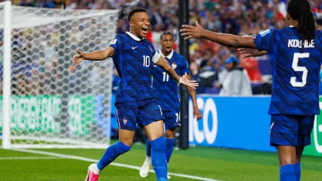 : Kylian Mbappé celebrates with teammates during the FIFA World Cup 2026 Group I match between France and Iraq at Philadelphia Stadium on June 22, 2026 in Philadelphia, United States.