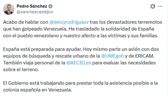 Mensaje de Pedro Sánchez en X