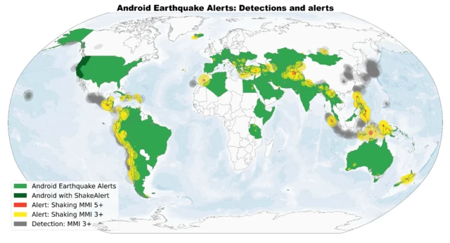 Un mapa muestra los temblores detectados por su sistema.