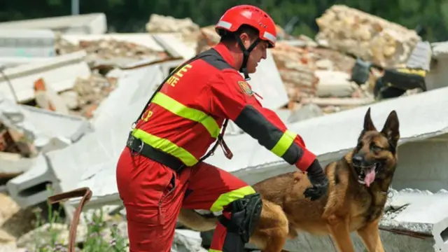 Agente de rescate español junto a un perro de búsqueda de personas