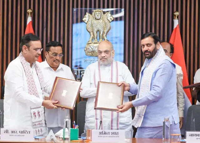अमित शाह, सीआर पाटिल, भजनलाल शर्मा और नायब सिंह सैनी