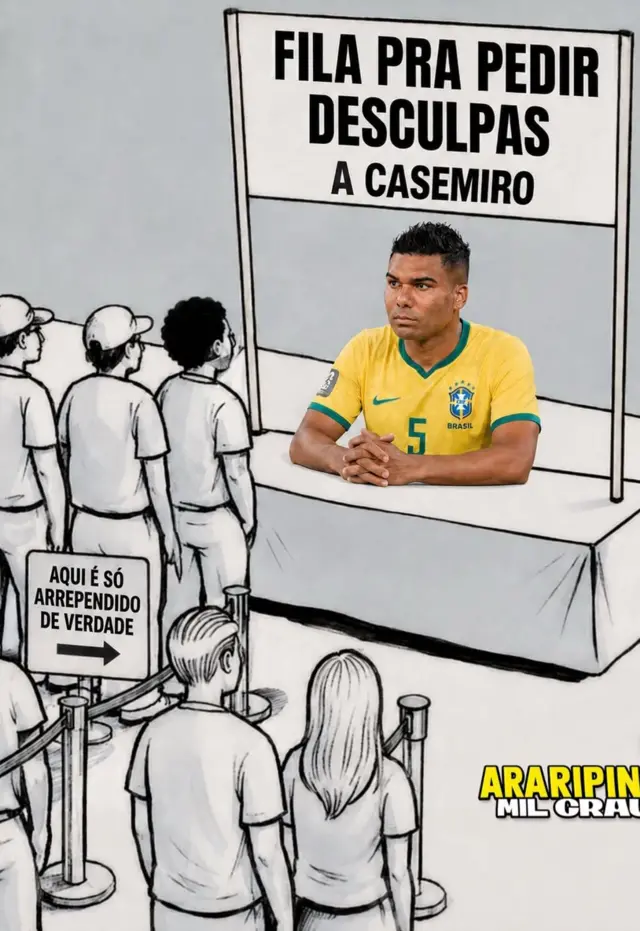 Meme com uma fila de pedir desculpas para Casemiro
