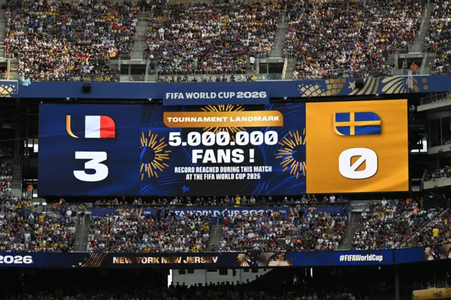 شاشة تعرض خلال مباراة فرنسا والسويد أن عدد الحضور لمباريات كأس العالم 2026 تجاوز الـ 5 ملايين