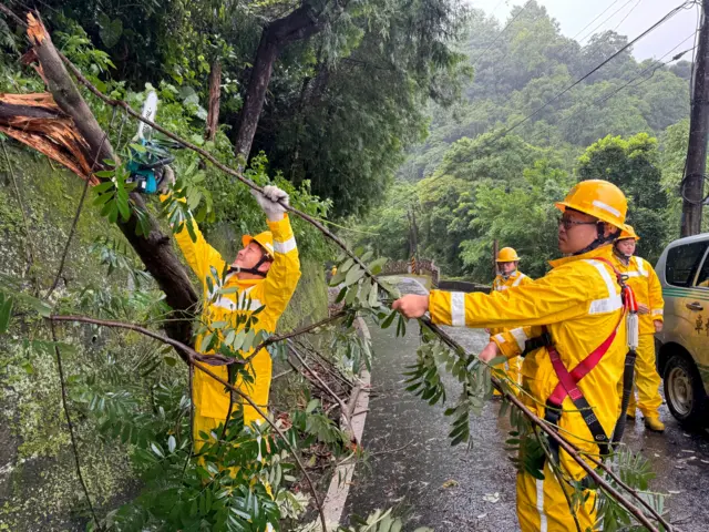 強風造成樹木倒塌，壓損高壓線路，台電人員於宜蘭大同鄉進行搶修。