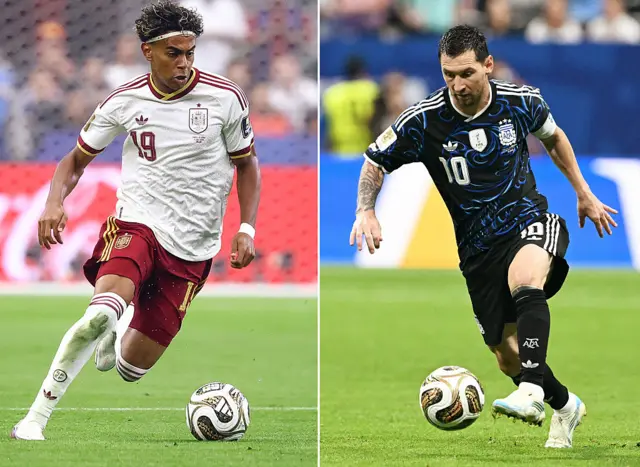 Montage photo de Lamine Yamal et de Lionel Messi.
