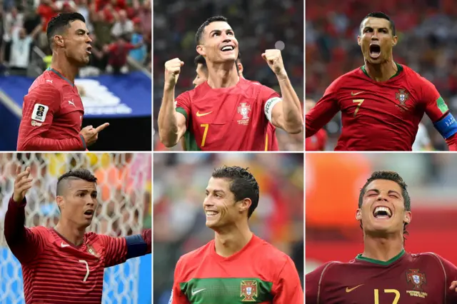 احتفالات البرتغالي كريستيانو رونالدو بأهداف في 6 بطولات لكأس العالم