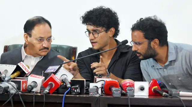 কেন্দ্রীয় মন্ত্রী জেপি নাড্ডার সঙ্গে সিজেপির দুই মুখপাত্র সৌরভ দাস ও আশুতোষ রাঙ্কা - ফাইল চিত্র