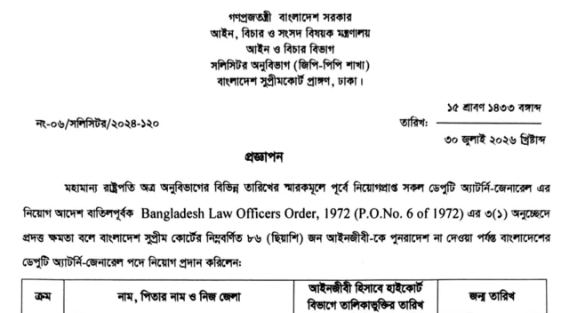 ডেপুটি অ্যাটর্নি জেনারেল নিয়োগের প্রজ্ঞাপন