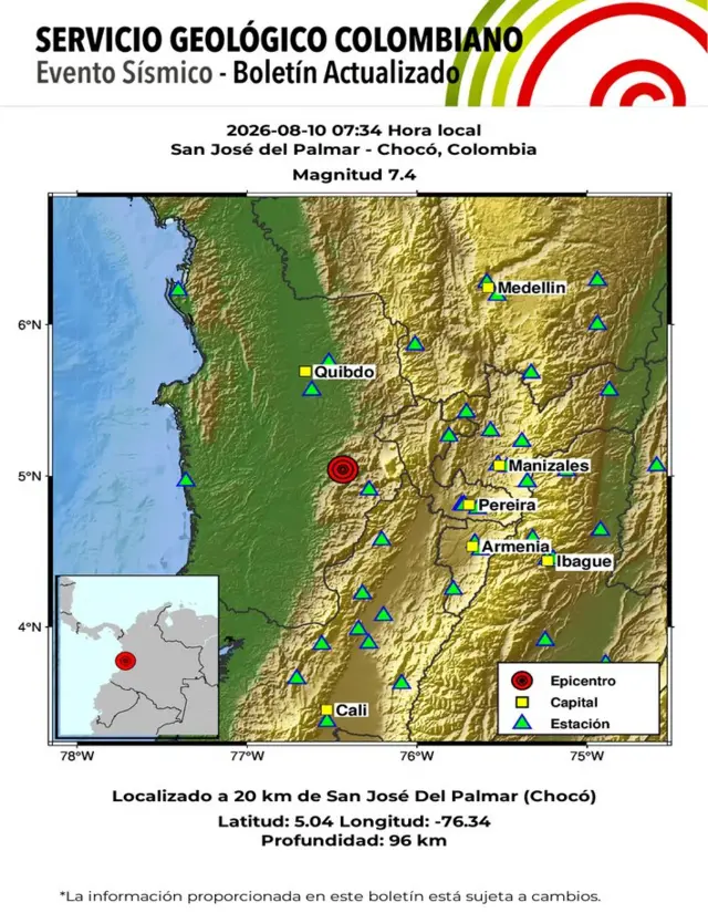 Boletín preliminar del Servicio Geológico Colombiano del sismo en Colombia