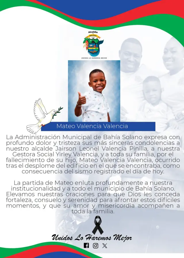 Comunicado de la alcaldía de Bahía Solano sobre la muerte de Mateo Valencia