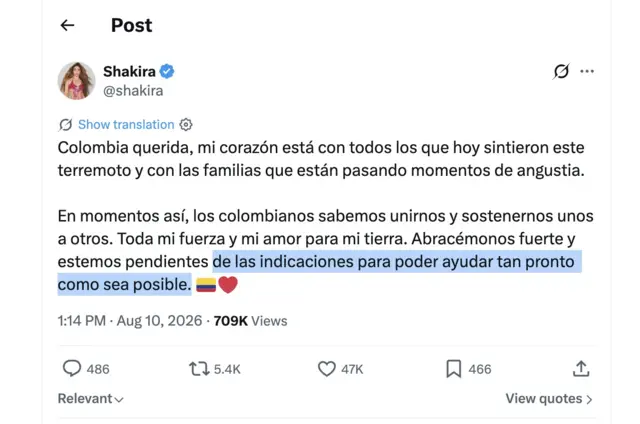 Captura de pantalla de la cuenta de X de Shakira