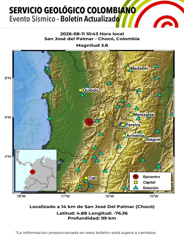 Mapa del epicentro del temblor en San José del Palmar el martes 11 de agosto de 2026.