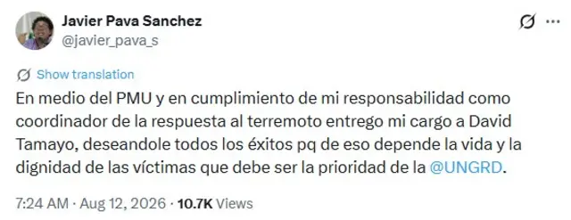 Publicación en X de Javier Pava