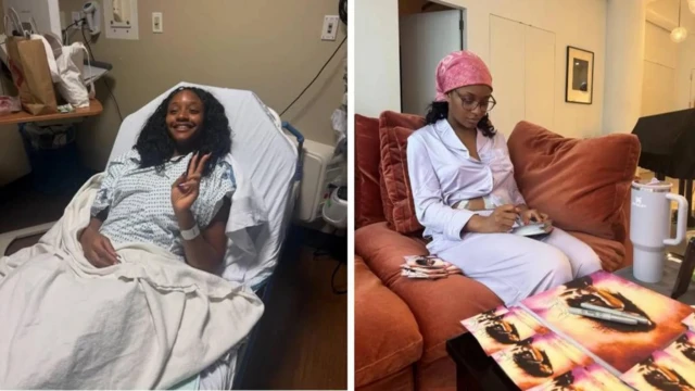 Ayra Starr ari mu bitaro aryamye n'indi foro igaragaza yicaye mu intebe n'ibipfuko ku nda