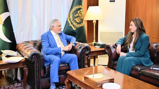 محمداسحاق‌ دار، معاون نخست‌وزیر و وزیر خارجه پاکستان، در کنار ناتالی بیکر، کاردار ایالات متحده در اسلام‌آباد