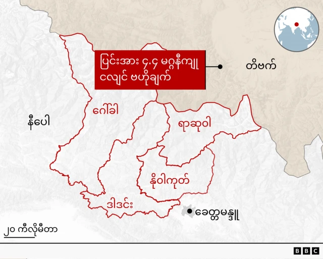 နီပေါ - တိဗက် နယ်စပ်နဲ့ ငလျင်ဖြစ်ခဲ့တဲ့ဗဟိုချက်ပြမြေပုံ