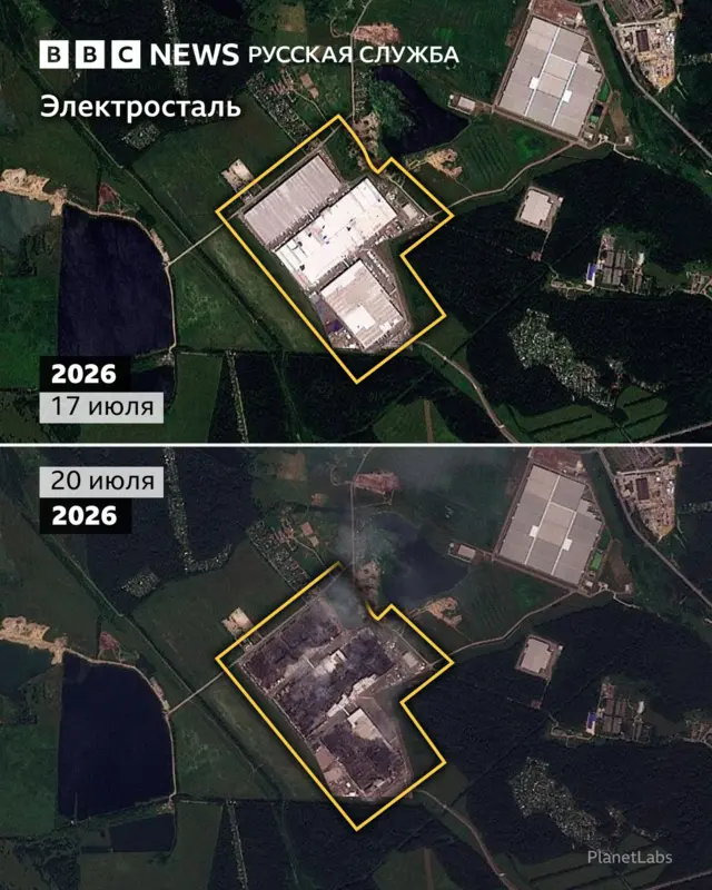 спутниковый снимок склада до атаки и после