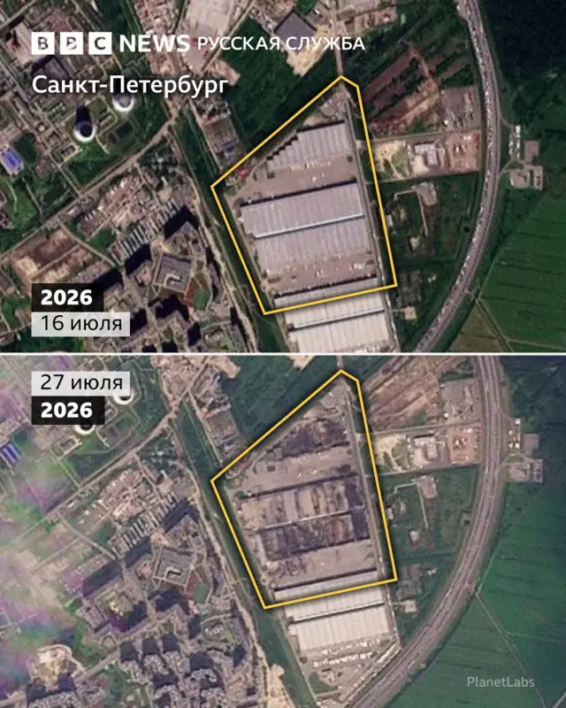спутниковый снимок склада до атаки и после
