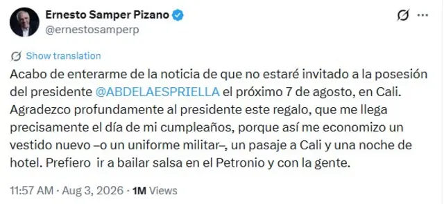 Publicación en X de Ernesto Samper