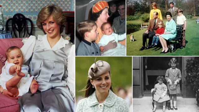 Diana com William bebê; a rainha Elizabeth 2ª com seus filhos e ela na infância, ao lado da irmã Margaret; Kate Middleton