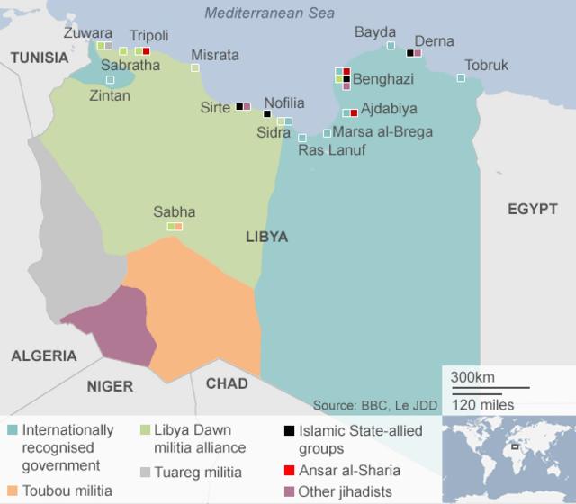 リビア国内の勢力図（青緑が国際的に認められた政府が掌握した地域）