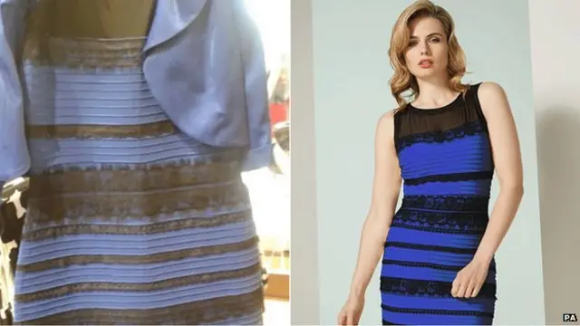 À esquerda, o vestido nas cores branco e dourado; à direita, o vestido nas cores azul e preto