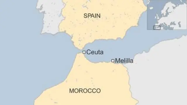 Maabka Spain iyo Moroko oo muujinaya meesha ay ku taallo Ceuta iyo Melilla