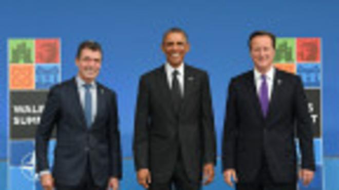 Anders Fogh Rasmussen, David Cameron y Barack Obama