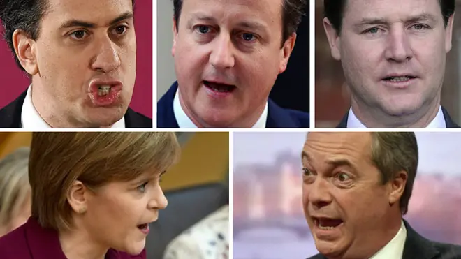 Lãnh tụ các đảng chính tại Anh, hàng trên, trái sang phải: ông Ed Miliband, David Cameron và Nick Clegg; hàng dưới: Bà Nicola Sturgeon, ông Nigel Farrage