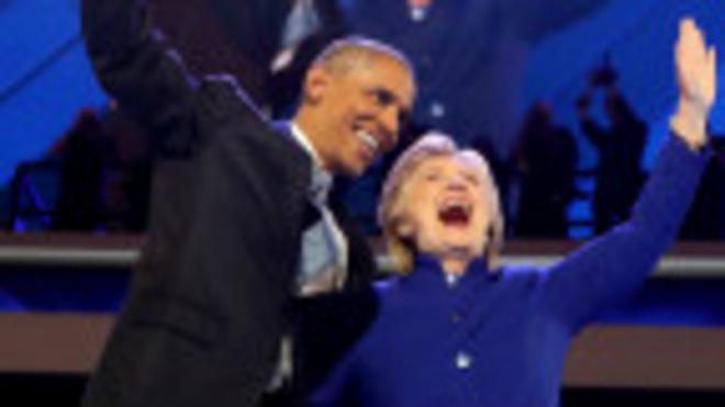 美國總統奧巴馬在民主黨全國代表大會上為希拉里站台。