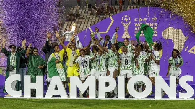 Grouop foto of Nigeria Super Falcons as dem celebnrate dia 2024 afcon win for Morocco.