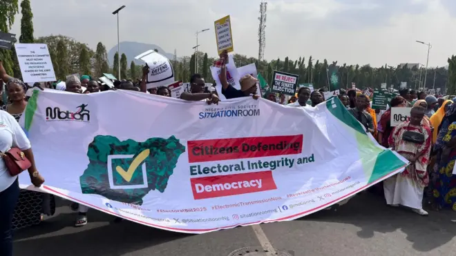 Nigerians protest against against rejection of electronic transmission of election result for National Assembly complex for Abuja on Monday, 9 February