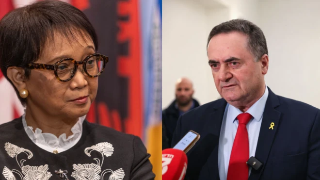 Menteri Luar Negeri, Retno Marsudi (kiri) dan Menteri Luar Negeri Israel, Israel Katz (kanan).