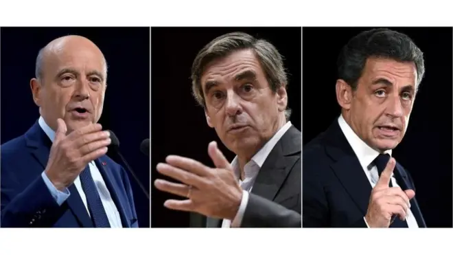 نیکلا سارکوزی (راست)، رئیس جمهور سابق، فرانسوا فیون (وسط) و آلن ژوپه از نخست وزیران سابق از شانس زیادی در انتخابات مقدماتی حزب جمهوریخواه برخوردار هستند