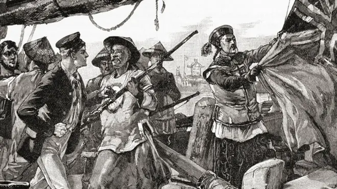 Quan quân nhà Thanh lên tàu The Arrow giật cờ của Anh Quốc trong Chiến tranh Nha phiến lần hai. Nhưng các giao tranh chỉ đem lại thất bại cho Trung Hoa.