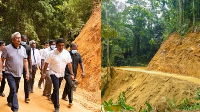ජනාධිපති ගෝඨාභය රාජපක්ෂ පසුගිය අගෝස්තු මස ලංකාගම මාර්ගයේ ඉදිකිරීම් පිළිබඳ සොයා බැලීමට ගිය අවස්ථාව