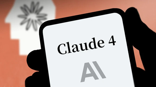 A hand holds a phone which says "Claude 4" and has the Anthropic logo