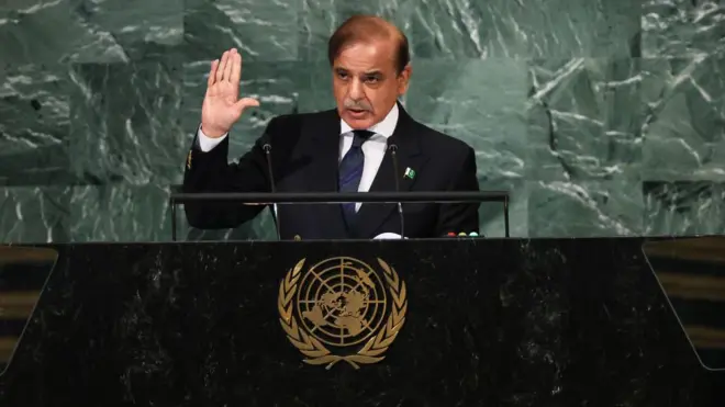 شهباز شریف در حال سخنرانی در سازمان ملل