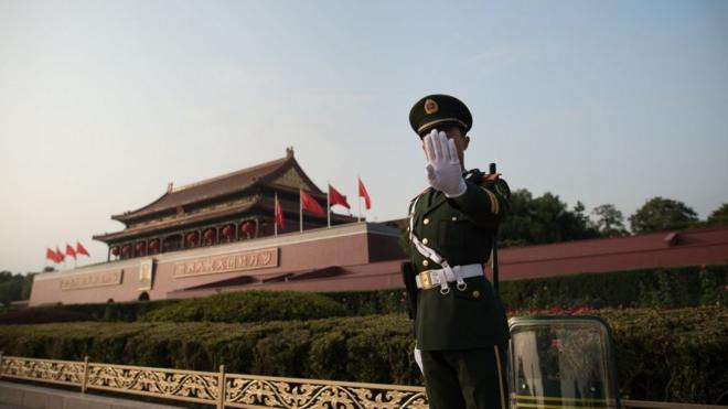 A Chinese paramilitary stands near Tiananmen square during the Communist Party's 19th Congress in Beijing