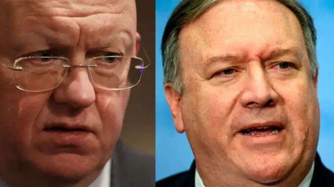 Vasily Nebenzya de Rusia y Mike Pompeo de EE.UU se enfrentaron en el Consejo de Seguridad de la ONU.