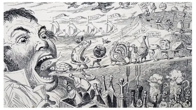 Dibujo de George Cruikshank que retrata a un hombre glotón comiendo platos de Navidad.