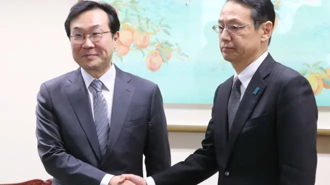 한·일 6자회담 대표인 이도훈 외교부 한반도평화교섭본부장(왼쪽)과 가나스기 겐지 외무성 아시아대양주 국장이 8일 회담을 했다