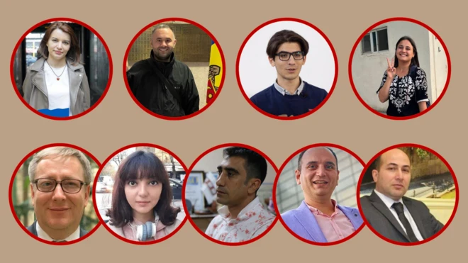 Soldan sağa: Sevinc Vaqifqızı, Ülvi Həsənli, Məhəmməd Kekalov, Nərgiz Absalamova, Hafiz Babalı, Elnarə Qasımova, Əziz Orucov, Rüfət Muradlı, Şamo Eminov, Teymur Kərimov