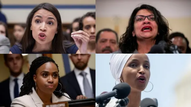 The congresswomen (clockwise from top left - Alexandria Ocasio-Cortez, Rashida Tlaib, Ilhan Omar and Ayanna Pressley) are known as 'the squad'