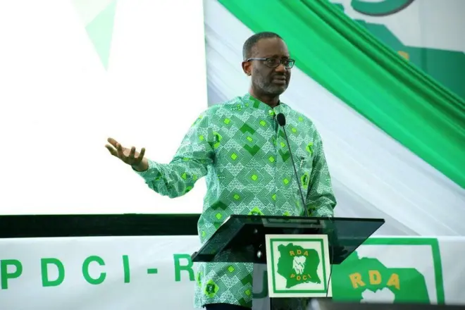 Tidjane Thiam, président du parti d'opposition ivoirien PDCI, lors d'un meeting à Abidjan.